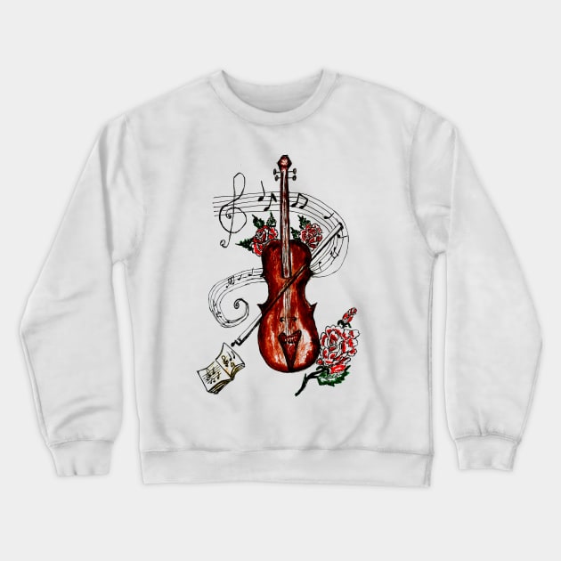 Brown Violin with Notes Crewneck Sweatshirt by AnnArtshock